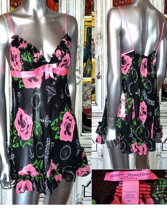 Betsey Johnson Dresses & Skirts - Vintage Betsey Johnson Slip Dress Y2K Black Floral Rose Jewelry Print Babydoll M